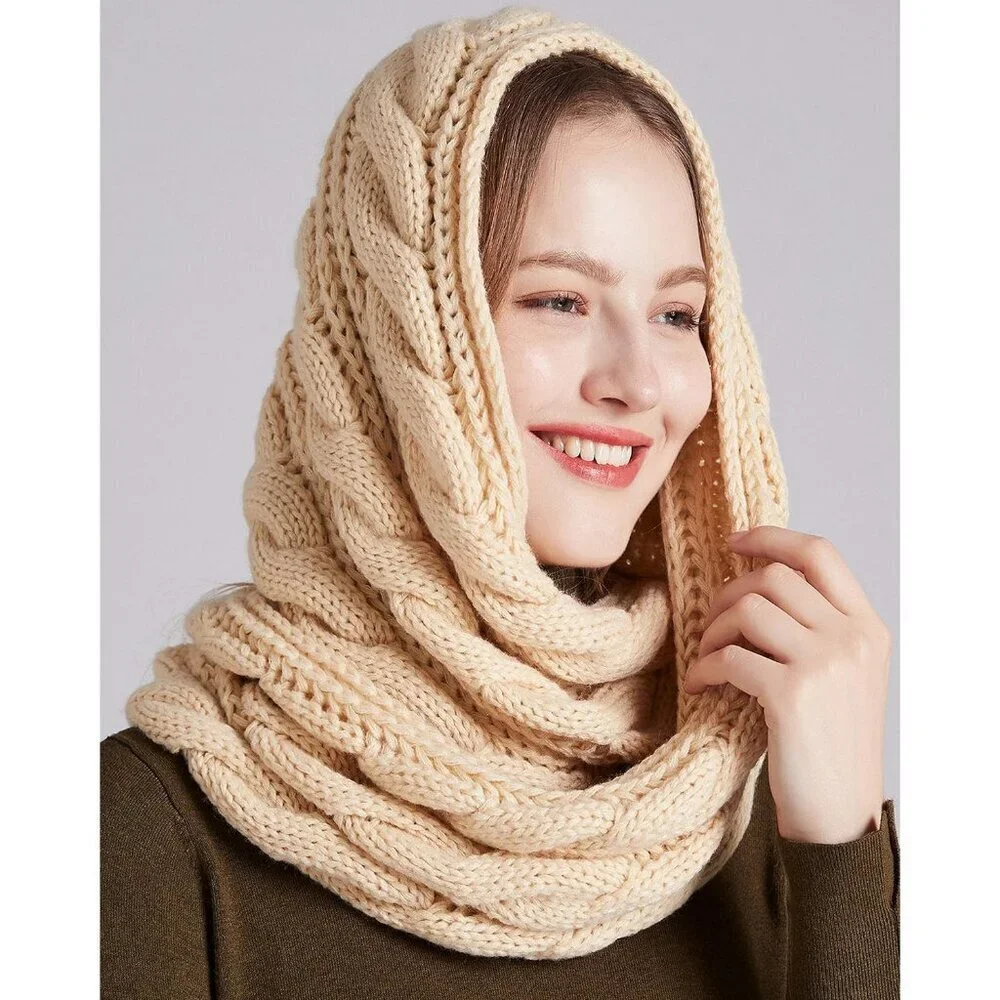 Women's Twist Beige Thick Ribbed Knit Winter Infinity Circle Loop Scarf